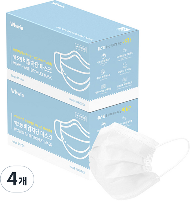 위즈윈 비말차단 덴탈 일회용마스크 라지 KFAD, 50개입, 4개, 흰색
