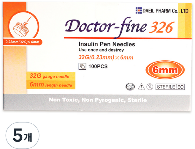 대일제약 닥터파인 인슐린 펜니들 멸균주사침 0.23 x 6 mm, 5개, 100개입