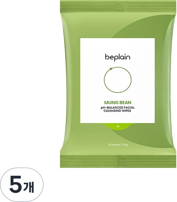 [비건뷰티] 비플레인 녹두 약산성 클렌징 워터 티슈, 20매입, 5개 - 쿠팡