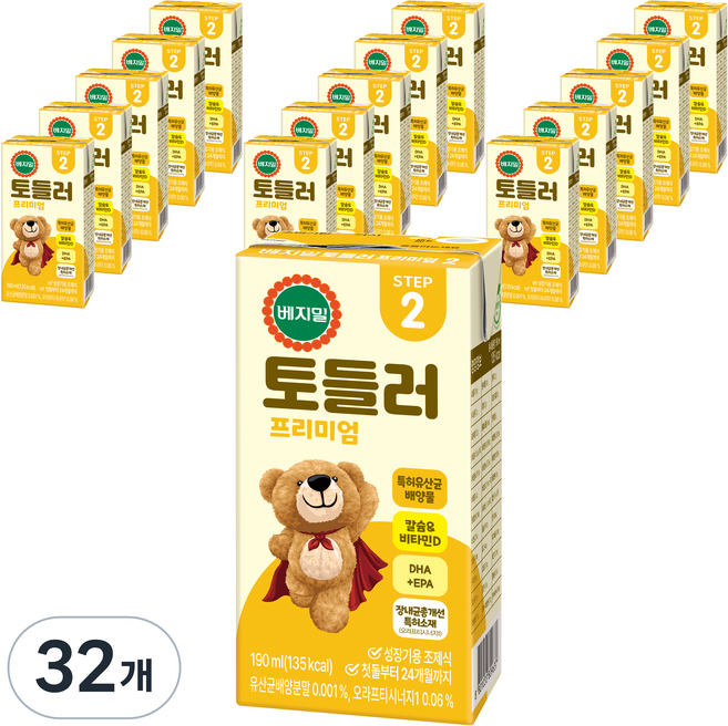 베지밀 유아용 뉴 토들러 프리미엄2 미드 두유, 190ml, 32개