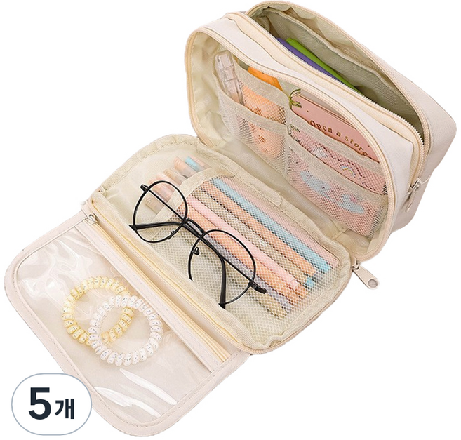 씨티컴퍼니 대용량 PVC 투명 필통, 아이보리, 5개