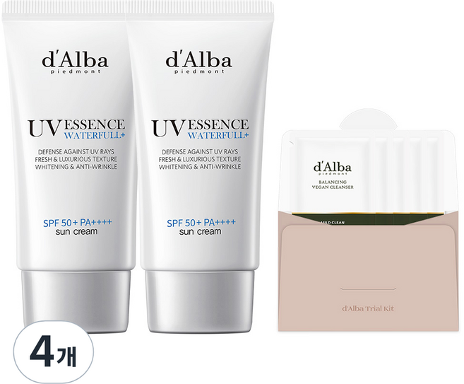 [비건뷰티] 달바 워터풀 에센스 선크림 SPF50+ PA++++ 50ml x 2p + 밸런싱 비건 젤 클렌저 3ml x 5p 세트, 4개