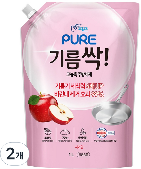 피죤퓨어 기름싹 주방세제 사과향, 1L, 2개