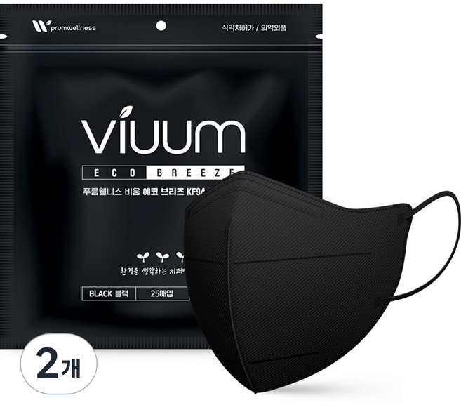 viuum 에코 브리즈 새부리형 마스크 중형 KF94, 25개입, 2개, 블랙