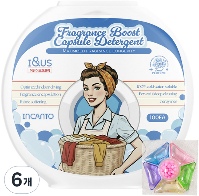 아이앤어스 프리미엄 초고농축 향기 부스터 캡슐 세탁 세제, 6개, 100개입