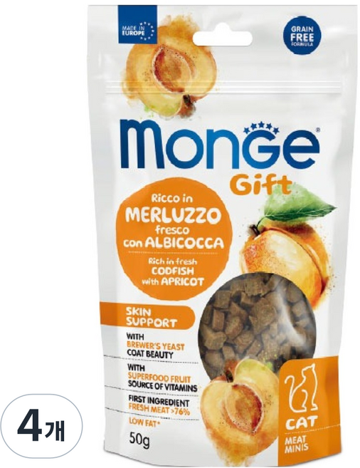 몬지 고양이 기프트 그레인프리 미트미니 스킨 서포트 간식, 혼합맛(대구/살구), 50g, 4개