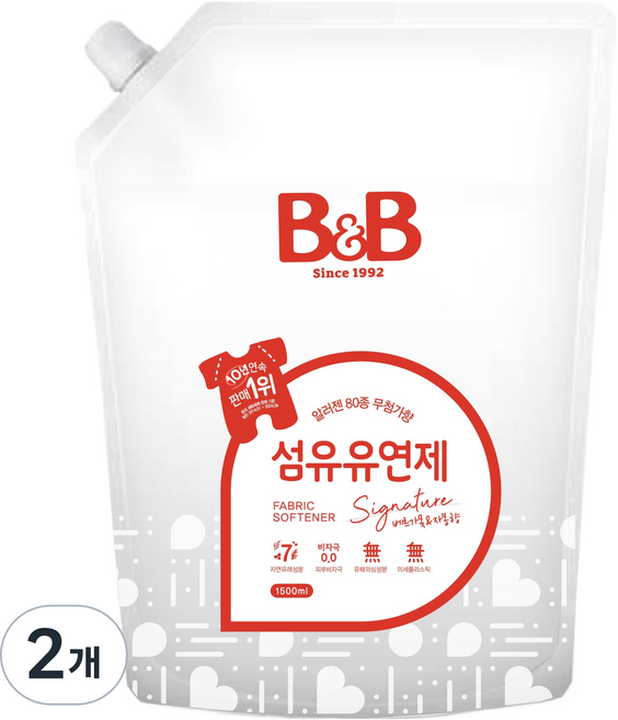 비앤비 섬유유연제 베르가못 자몽향 리필형, 1.5L, 2개