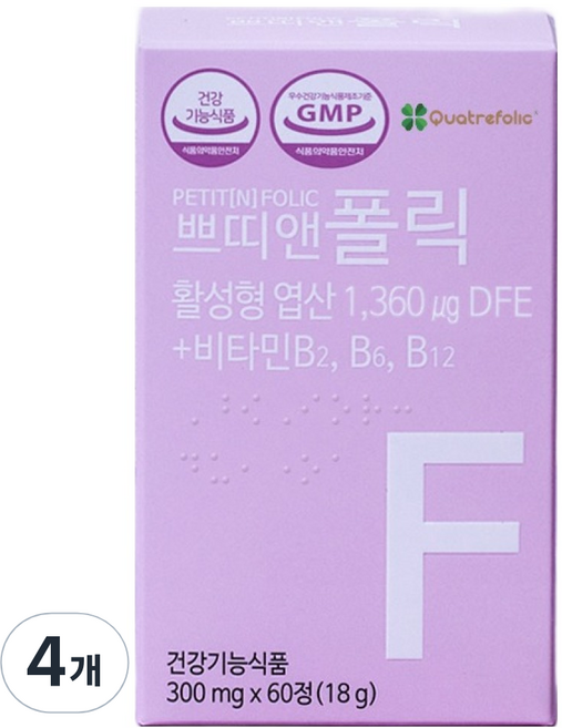 쁘띠앤 폴릭 활성엽산 비타민B 18g, 60정, 4개