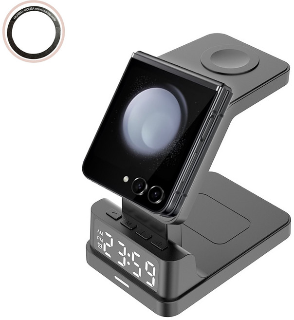 Murray 디지털 알람시계 갤럭시워치 호환 4in1 삼성전용 무선충전 거치대 + 맥세이프링 세트, 블랙, 1개