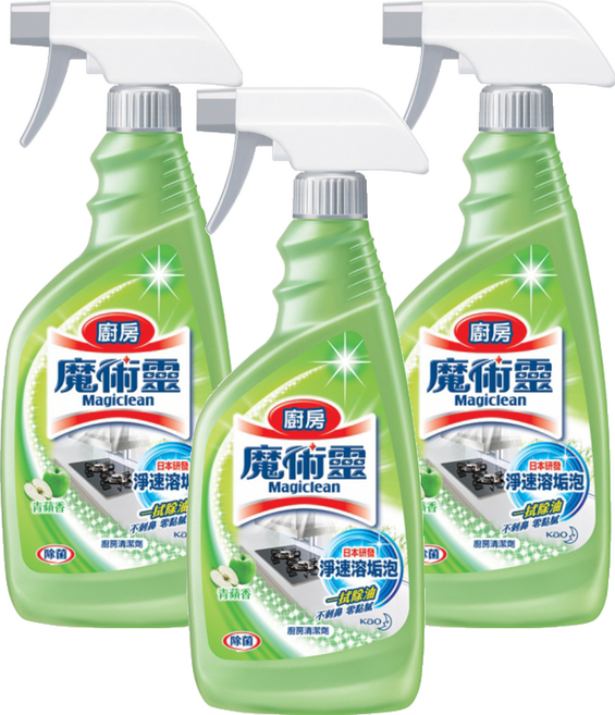 Kao 花王 Magiclean 魔術靈 台灣公司貨 廚房清潔劑 噴槍瓶 青蘋香, 500ml, 3瓶
