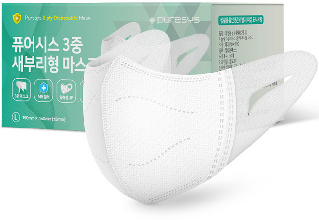퓨어시스 3중 새부리형 마스크 성인용 대형, 50개입, 1개, 화이트