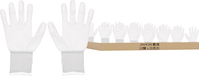 JIAHON 嘉鴻 合手型棉紗 PU塗指手套 L 10雙, 白色灰邊, 1組