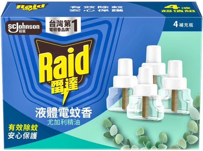 Raid 雷達 超智慧薄型液體電蚊香補充瓶 尤加利 4入組, 164ml, 1盒