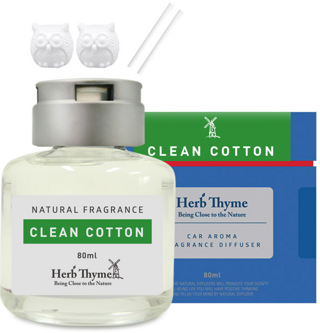 허브타임 차량용 디퓨저 80ml + 부엉이 석고 2p + 섬유 스틱 2p 세트, 클린코튼, 1세트