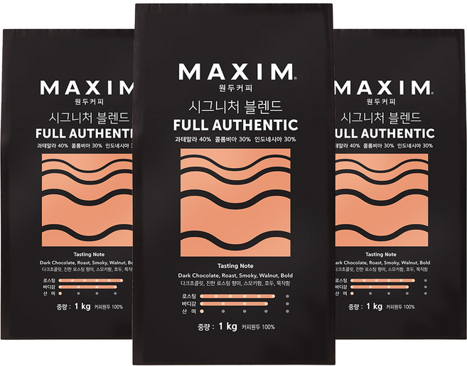 맥심 시그니처 블렌드 풀 어센틱 원두커피, 홀빈(분쇄안함), 1kg, 3개