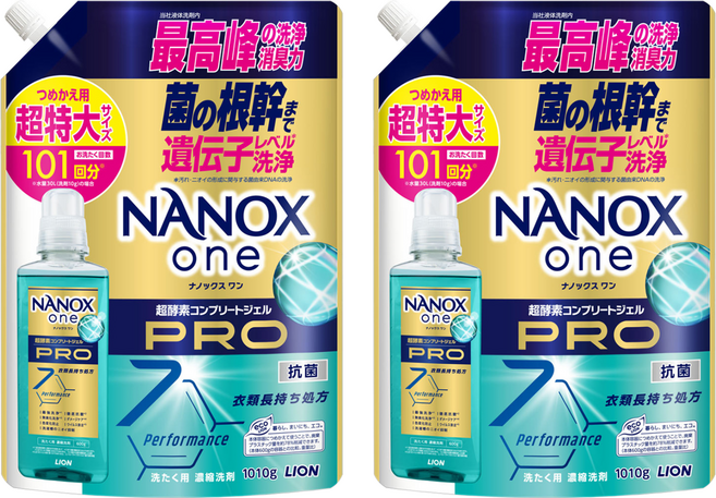 LION 獅王 NANOX one PRO超濃縮抗菌洗衣精 補充包 加強去漬, 1010g, 2包