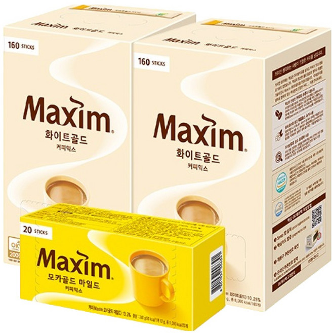 맥심 화이트골드 160p 2박스 + 모카골드 마일드 20p 커피믹스 세트, 12g, 340개입, 1세트