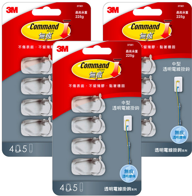3M Command 無痕 中型電線掛鉤 37301, 透明, 3組