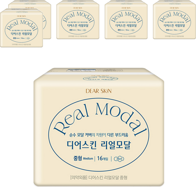 디어스킨 리얼모달 생리대 날개형, 중형, 16개입, 6개