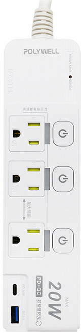 POLYWELL 寶利威爾 20W PD/QC快充電源延長線 4切3座 Type-C PW15-T05-A088, 1.8m, 白色, 1條