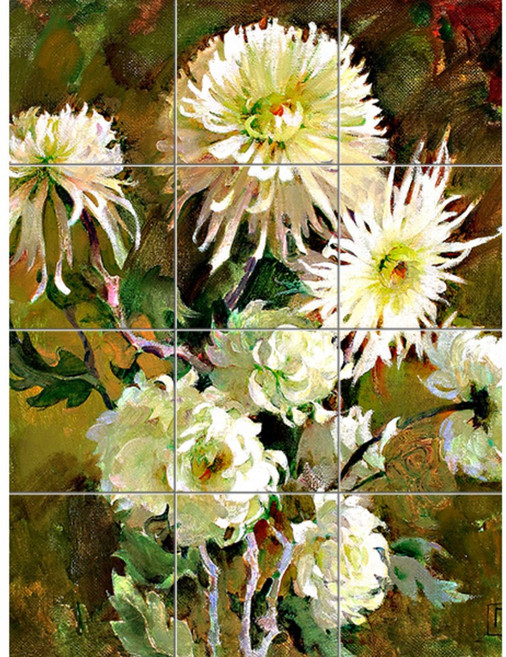 Static-008 풍성하게 피어난 하얀 국화 포인트 타일, 혼합색상, 1세트