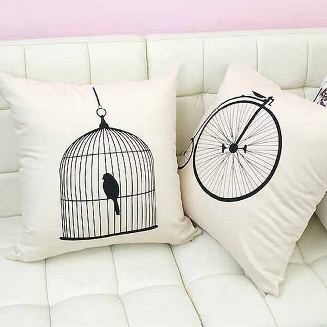 리빙데코 앤틱쿠션커버세트 새장과자전거 2p, 내츄럴 + 화이트