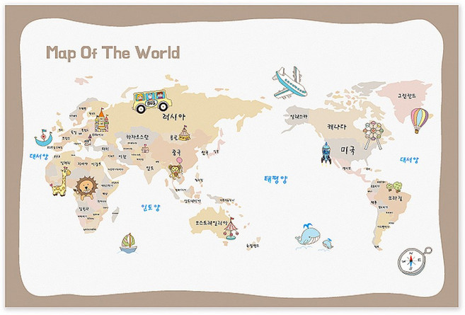 파랑디자인 세계지도 새나라 어린이 캔버스, 베이지