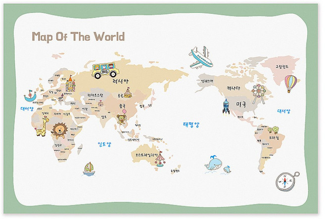 파랑디자인 세계지도 새나라 어린이 캔버스, 그린