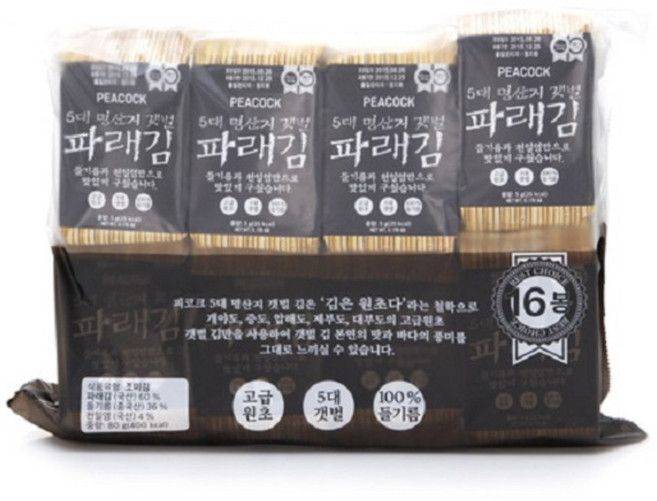 피코크 5대 명산지 갯벌 파래김5 x 16입 도시락, 16개입, 16개