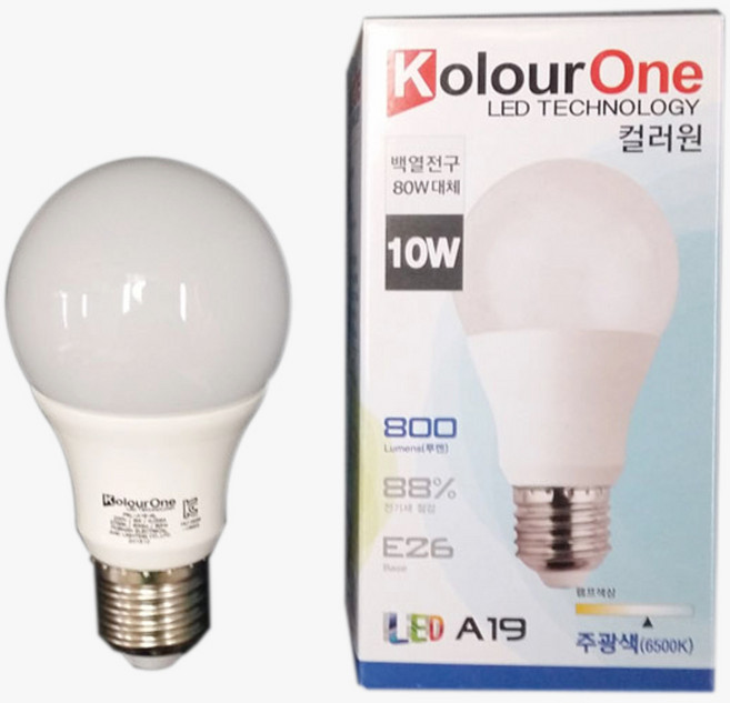 컬러원장수표 LED전구10W A19, 주광색(쿨화이트), 1개