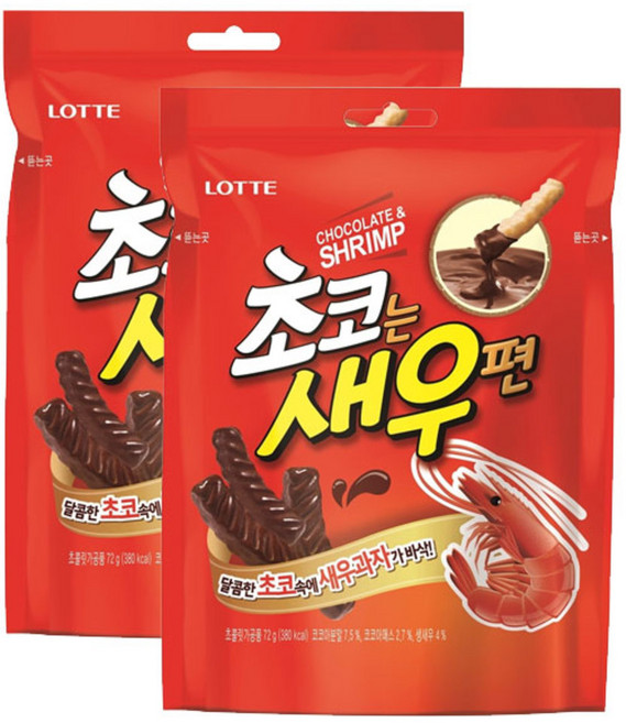 롯데제과 초코는 새우편 2500, 72g, 2개