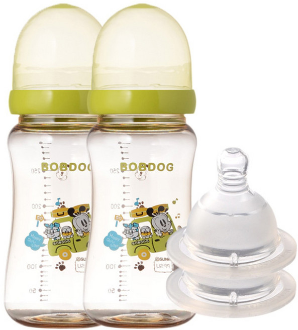 리틀밥독 국내 제조 PPSU 유꼭지젖병 젖꼭지 2개입 트윈팩, 그린, 300ml, 1세트