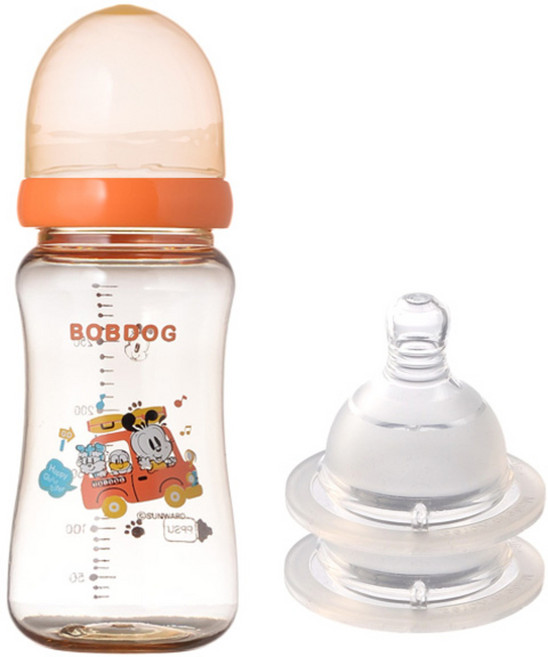 리틀밥독 국내 제조 PPSU 유꼭지젖병 젖꼭지 2개입, 오렌지, 300ml, 1세트