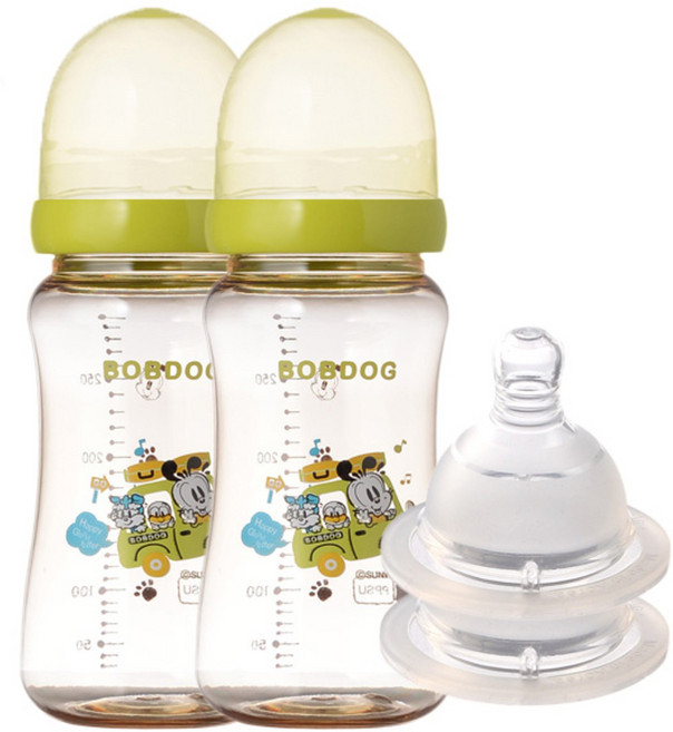 리틀밥독 국내 제조 PPSU 젖병 트윈팩 젖꼭지 2개입, 그린, 300ml, 1세트