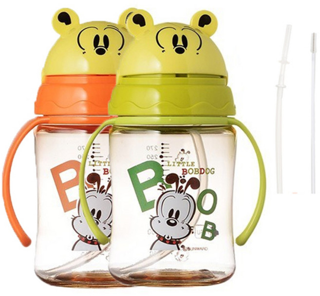 리틀밥독 PESU 빨대컵 트윈팩 280ml 그린+오렌지, 1세트