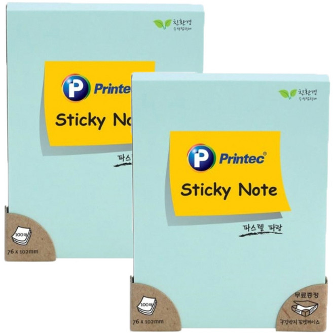 프린텍 파스텔 스티키노트 76x102mm, 파랑, 100매, 2개