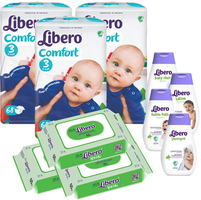 리베로 밴드형 기저귀 3단계 5~9kg 204매 + 리베로 물티슈 60매 x 3개+리베로 스킨케어 랜덤 1종 + 리베로 스킨케어 랜덤 1종), 1세트