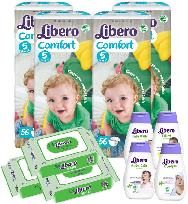 리베로 밴드형 기저귀 남녀공용 5단계 (10~14kg) + 물티슈 180매 + 스킨케어 1종 랜덤 발송, 1세트