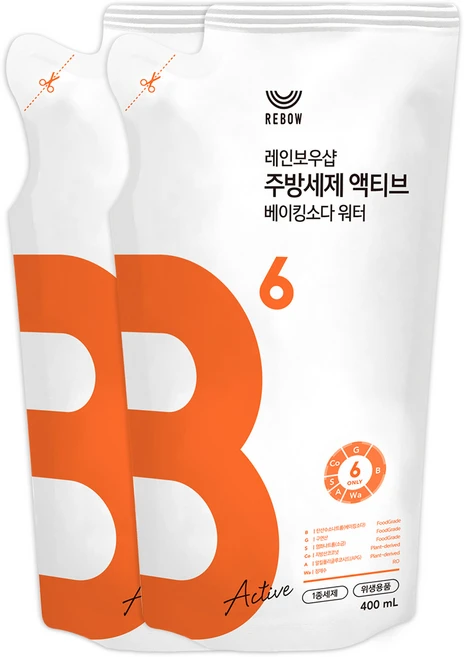 레인보우샵 B6 주방세제 액티브 베이킹소다 워터 리필, 400ml, 2개 - 쿠팡