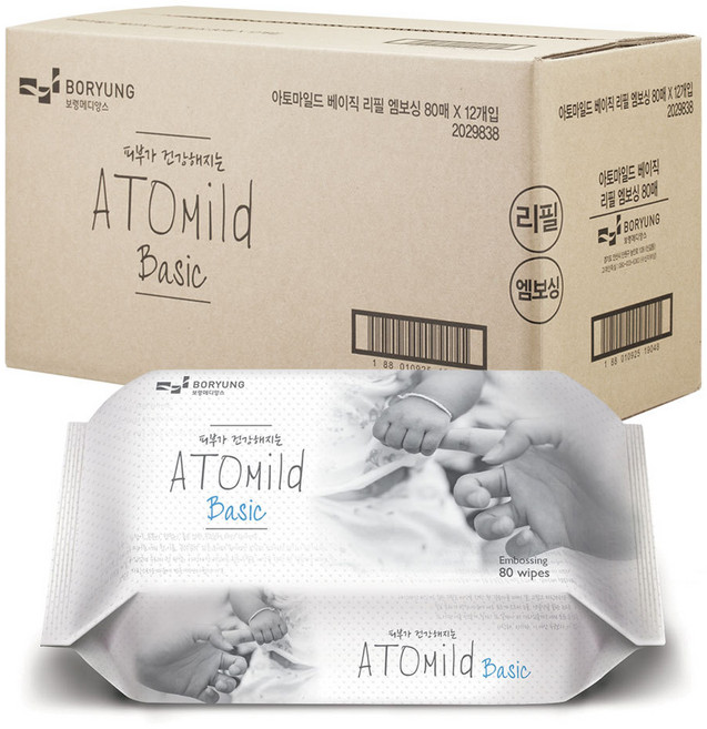아토마일드 베이직 엠보싱 유아물티슈 리필형 50gsm, 80매, 12개