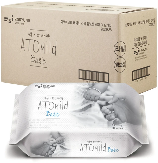 아토마일드 베이직 엠보싱 유아물티슈 리필형 50gsm, 80매, 12개 - 쿠팡