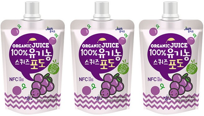 호재준 100% 유기농 스퀴즈 포도 주스, 100ml, 3개