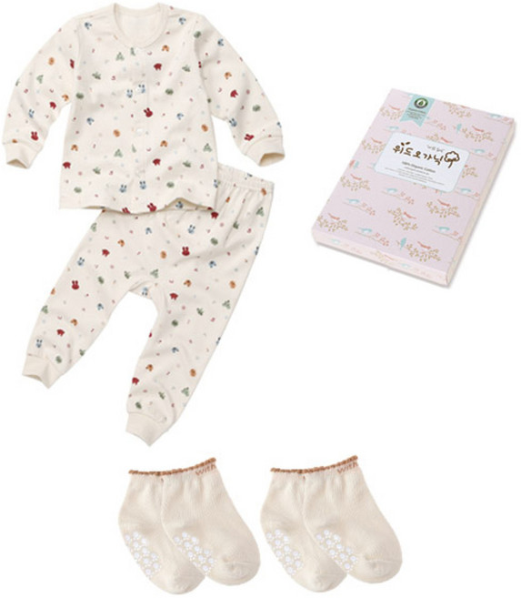 위드오가닉 가을겨울 유아내의 + 양말 2p + 핑크박스 세트