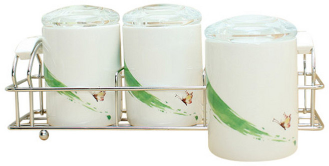 엘케이메이드 나비향기 그린 도자기 밀폐 양념통 세트, 1세트, 양념통 6p (몸통 3p + 뚜껑 3p) + 거치대