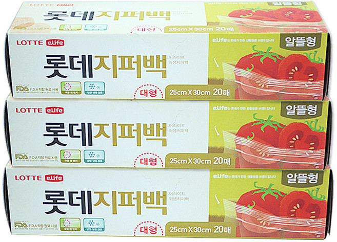 롯데이라이프 알뜰형 지퍼백, 대(L), 20개입, 3개