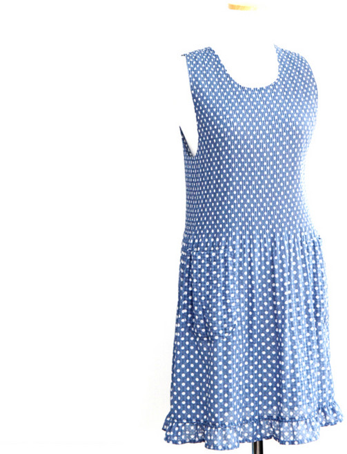 네꼬 necco 칼라 도트 주름 원피스 앞치마, 블루, 1개