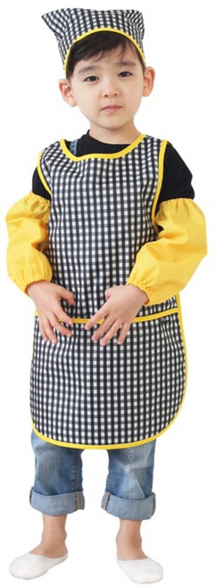 플리에 남아용 민소매 방수 체크무늬 앞치마 + 두건 + 토시 + 지퍼백 세트, 블랙