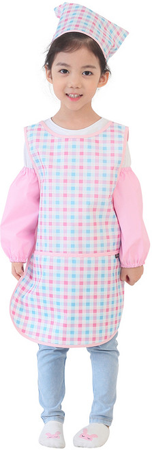 플리에 여아용 민소매 앞치마 + 두건 + 토시 + 지퍼백 세트 체크