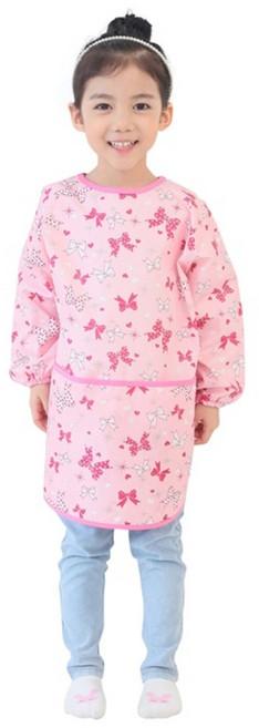 플리에 여아용 긴소매 앞치마, 핑크 + 핑크리본