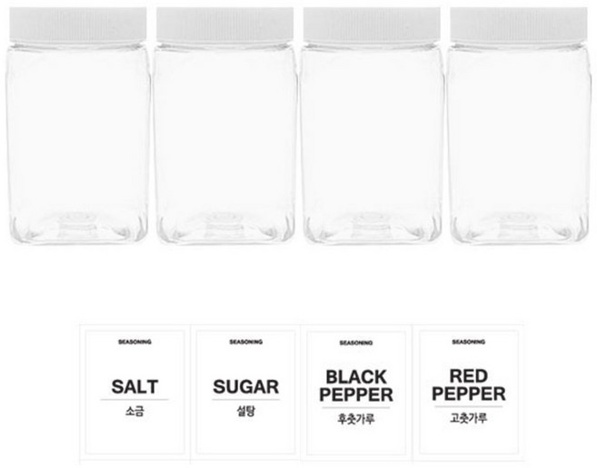 투명사각 PET 양념통 350ml 세트, 1세트, 양념통 4p + 흰색캡 4p + 스티커 4p(소금 + 설탕 + 후추 + 고춧가루)
